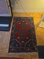 Full view of rug on parquet floor showing overall design, fringe