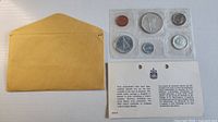 Front view showing envelope, sealed coin set, info card