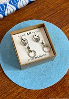 Both pairs of earrings on Anne AK Klein sterling silver card inside box