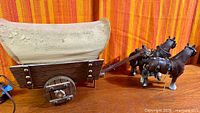 Full view of horse team and covered wagon lamp, power cord visible