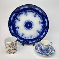 Group shot showing flow blue plate, multicolour Grimwades cup, Palissy demitasse cup and saucer