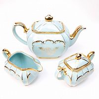 Complete Sadler Blue Cube teapot, sugar with lid, and creamer