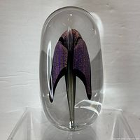 Front view of clear domed paperweight showing internal iridescent purple-gold lily