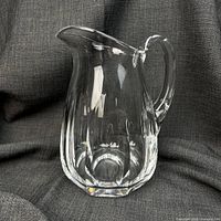 Front view of clear crystal pitcher showing shape and clarity