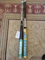Two aluminum bats side-by-side on rug