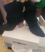 Both boots displayed on top of box, showing side profile, suede texture and tassel fringe