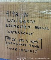 Handwritten box label showing model 4198-96 Wellworth elongated bowl Watersense details and compatible tanks, colour Biscuit