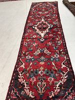 Full length view of the Hamadan red runner rug