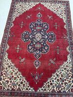 Full overhead view showing complete rug design, field, borders and dimensions perspective