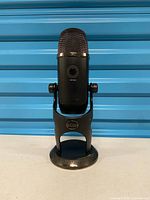 Front view of Blue Yeti microphone on stand