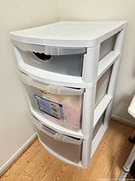 Full view of Sterilite three-drawer unit in corner