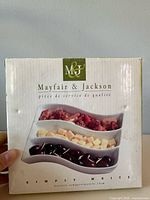 Front of box showing Mayfair & Jackson 3-section wavy dish