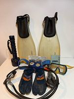 Overview of all scuba items including fins, regulator, gauges, mask, socks, flashlight and log book