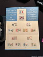 Full view of the souvenir card showing all printed stamp images on blue and cream backing