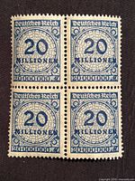 Front view of four-stamp block showing design, denomination and overprint