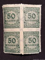 Front of block showing four green "50 Millionen" overprint stamps