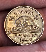 Reverse side of 1940 Canada 5 cent coin (beaver design)