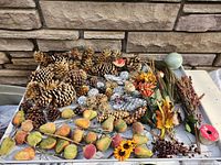 Tray showing entire assortment of pinecones, faux fruit, florals, and accents