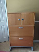 Front view showing two upper doors, two lower file drawers, handles and casters