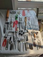 Full layout of 40+ assorted kitchen tools on table