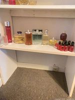 Shelf with assorted full-size and mini perfume bottles