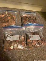 Four Ziploc freezer bags filled with Canadian pennies on carpet