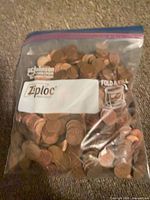 Full Ziploc bag filled with Canadian pennies