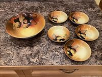 Large serving bowl and five smaller matching bowls displayed on countertop