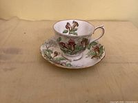 Teacup on saucer showing pattern and gilt accents