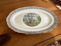 Top view of Royal Albert Silver Birch oval platter showing full design, gold rim, grey border, central landscape