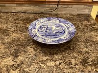 Top view of blue and white Spode Blue Italian footed cake plate