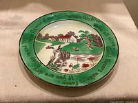 Front view of decorative plate showing rim text and central scene