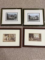 All four framed prints laid out: two Bill Saunders landscapes top, two Trisha Romance Victorian interior scenes bottom