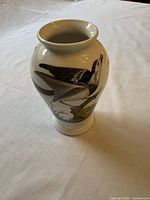 Full view of Portmeirion White Wagtail ceramic vase showing bird artwork, rim and base
