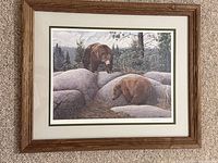 Front view of framed, double-matted grizzly bear print under glass