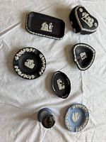 Group shot showing all seven Wedgwood Jasperware pieces