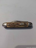 Knife closed, showing jigged bone handle and bolsters