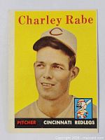 Front view of 1958 Topps Charley Rabe card showing portrait and team graphics