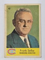 Front of Frank Selke card showing portrait, card number 47, team logo, name bar