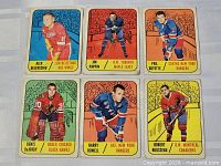 All six 1967-68 Topps hockey cards laid out