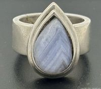 Front view of sterling silver ring with pear blue lace agate stone