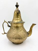 Left side view showing bulbous body, curved spout, ornate handle, etched decoration, conical lid with finial