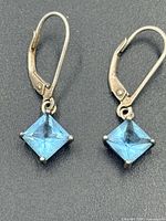 front view of both earrings showing blue topaz stones and leverbacks