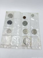 Front of two-sided plastic sleeve showing assorted coins of various sizes and colors