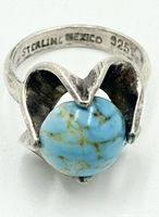 Mark "STERLING MEXICO 925" on inner band, turquoise cabochon set in heart-shaped bezel