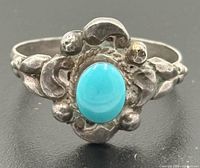 Front view of ring showing turquoise cabochon and decorative silverwork