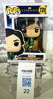 Front view of boxed Funko Pop Sersi figure showing box art, number 728, and figure inside