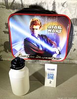 Front view of lunch bag showing Anakin Skywalker graphic and water bottle