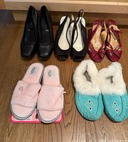 Group shot showing all five pairs of shoes and slippers