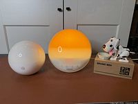 All three items side by side: LED orb lamp, Philips wake-up light alarm, dog coin bank